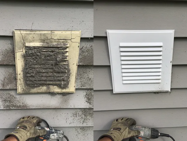 Lynwood Dryer Vent Cleaning technician installing high-quality dryer vent cover at a residential property in Lynwood